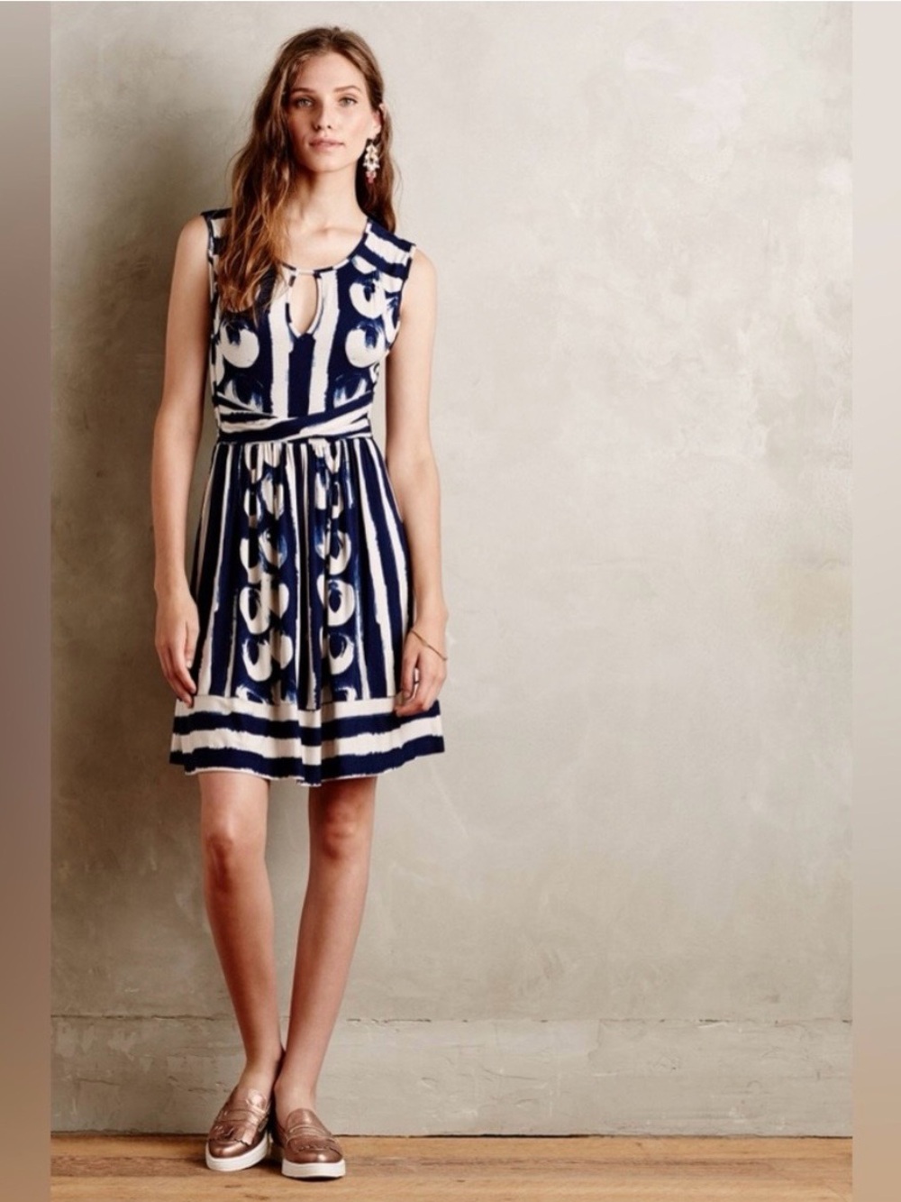 Anthropologie Maeve Sennebec Dress XS Petite Navy Ivory Abstract Print Keyhole